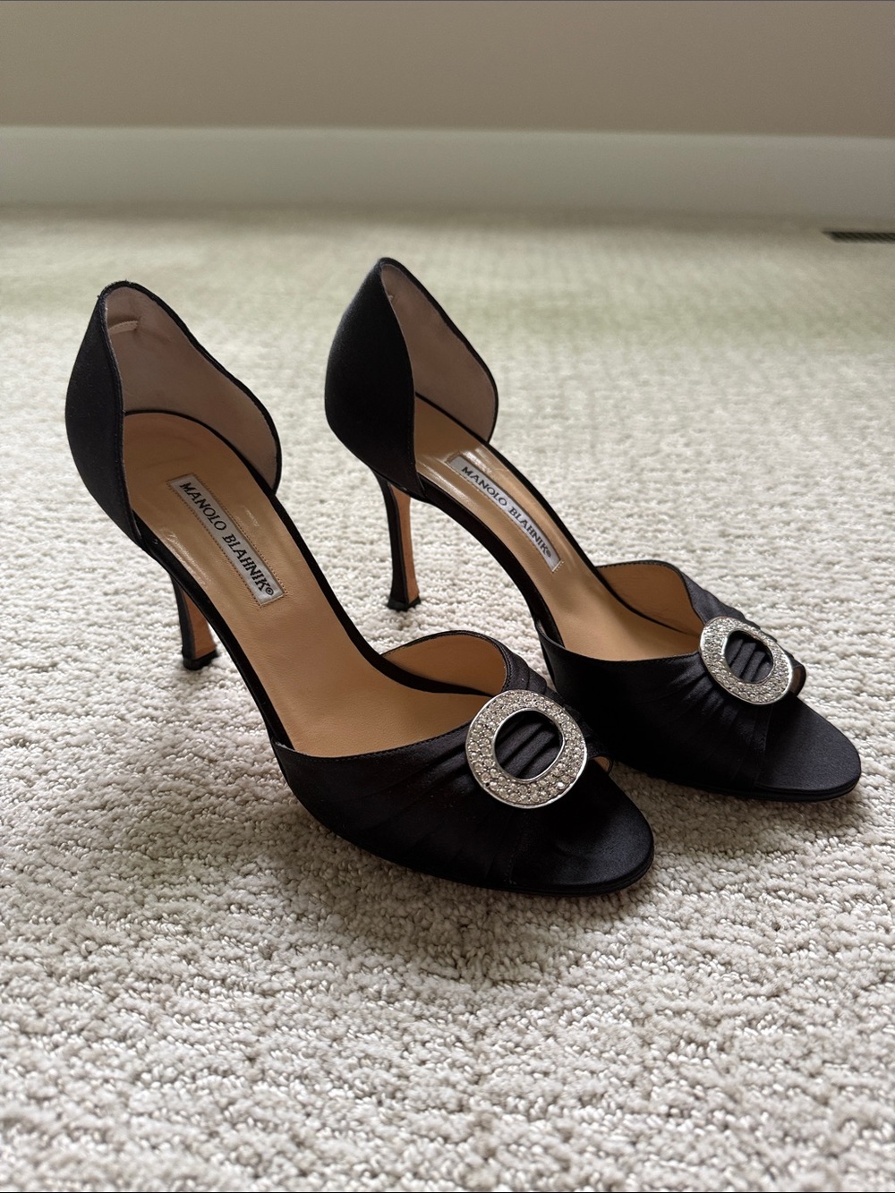 Manolo Blahnik Black Satin D'Orsay Heels with Crystal Round Buckle